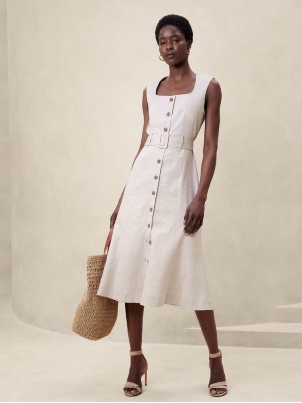 Linen-Blend Button Midi Dress In Flax
